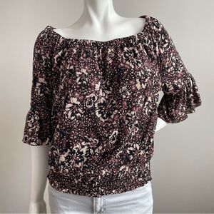 EVEREVE Black Purple Floral Mesh Off the Shoulder Cinched Waist Top